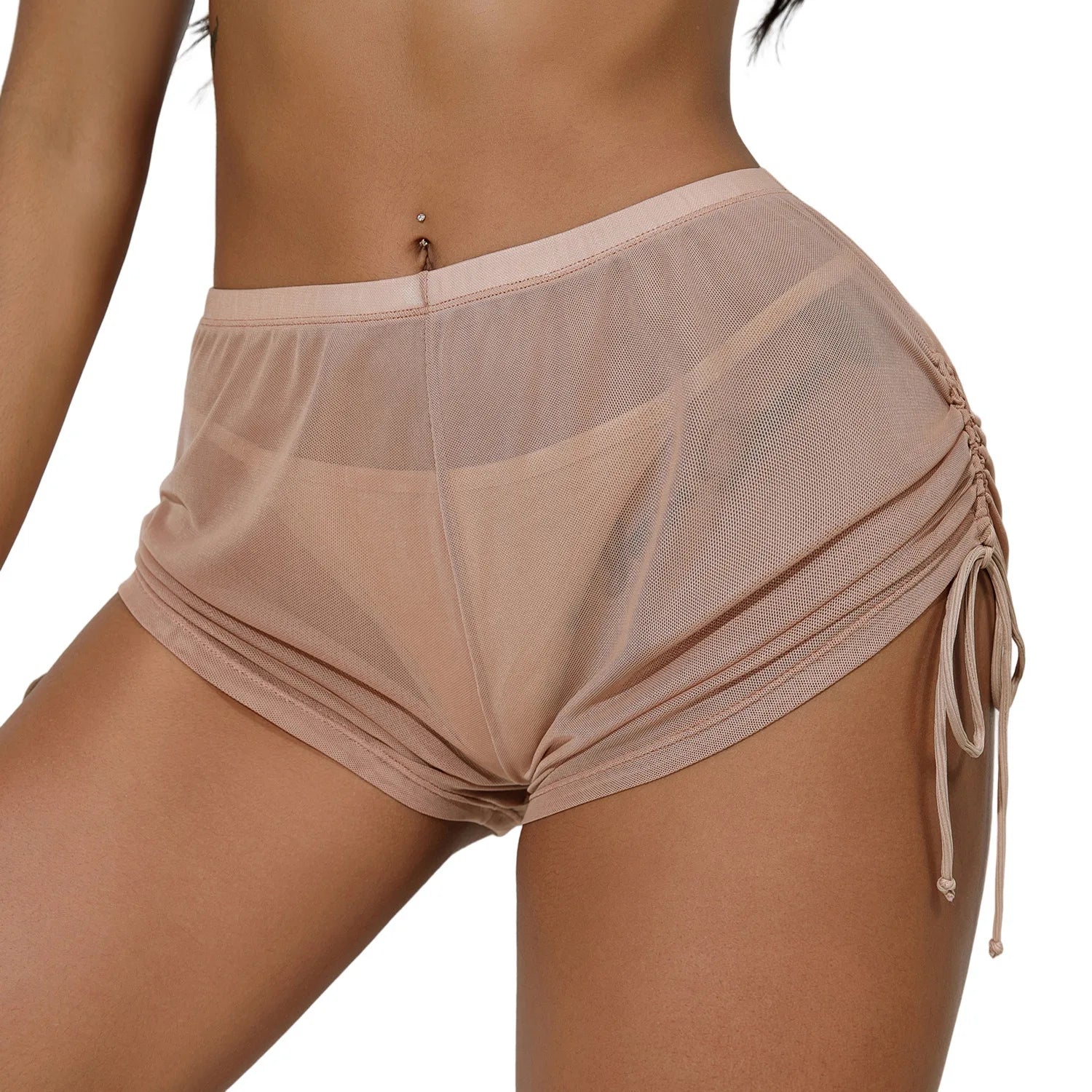 New Mesh Transparent High Waist Elastic Casual Shorts Sports Shorts For Women Wrinkle Drawstring Binding Charming Elegant FSKK