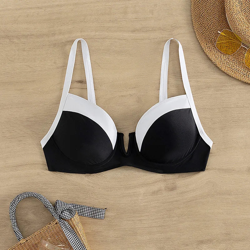 Sexy Black White Patchwork Bikini 2024 Women Halter V Underwire Push Up Micro Swimsuit Beach Bathing Suit High Waist Swimwear