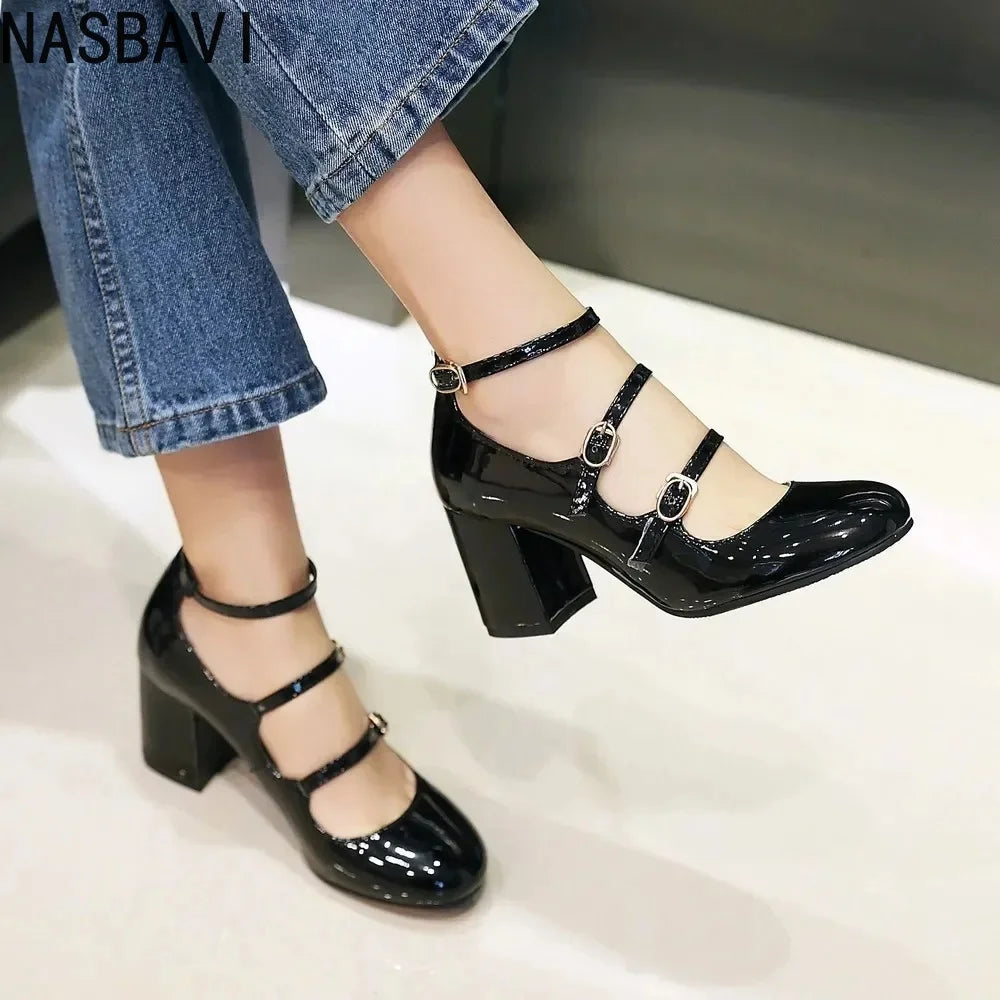NASBAVI Spring Women Pumps Thick Block High Heel Patent Leather Round Toe Autumn Office Dress Party Bridal Red Lady Shoes 34-43