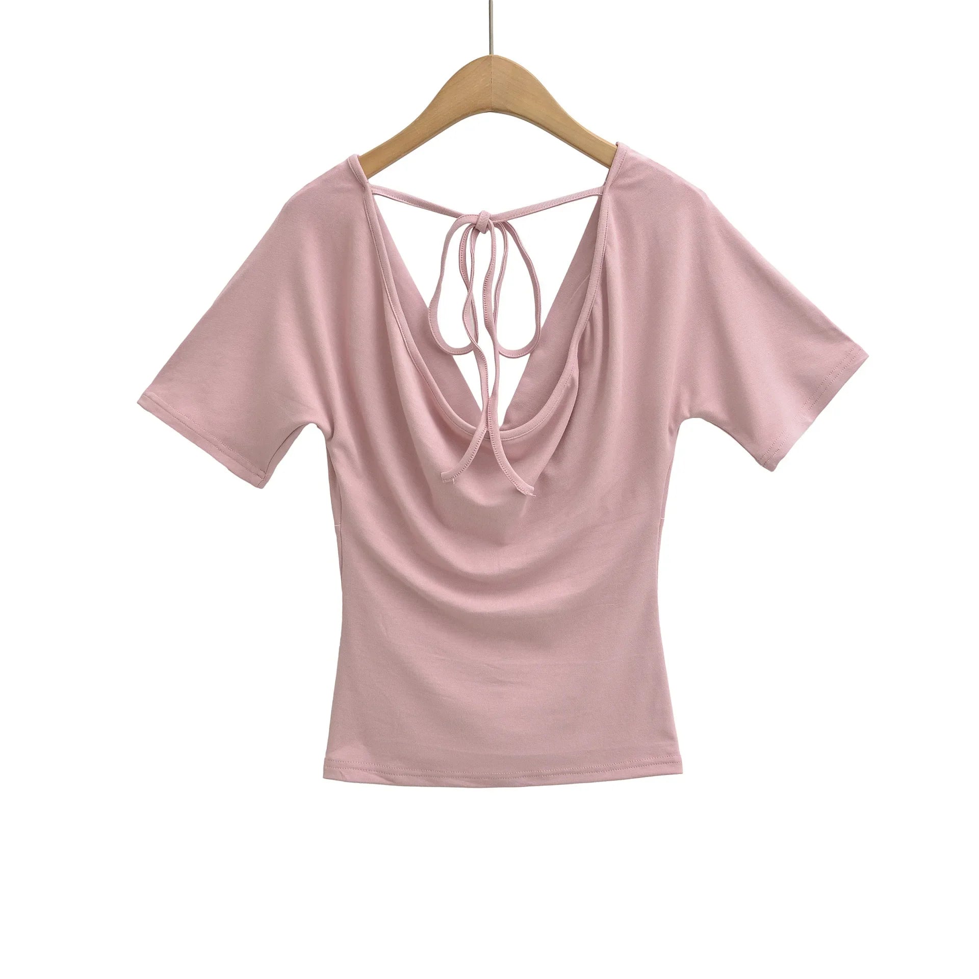 Spring Korean Slim Fit Deep V Neck Tie-Up Clean Face Crop Top Short Sleeve Pullover T-Shirt Base Shirt Solid Color Fashion RM7O