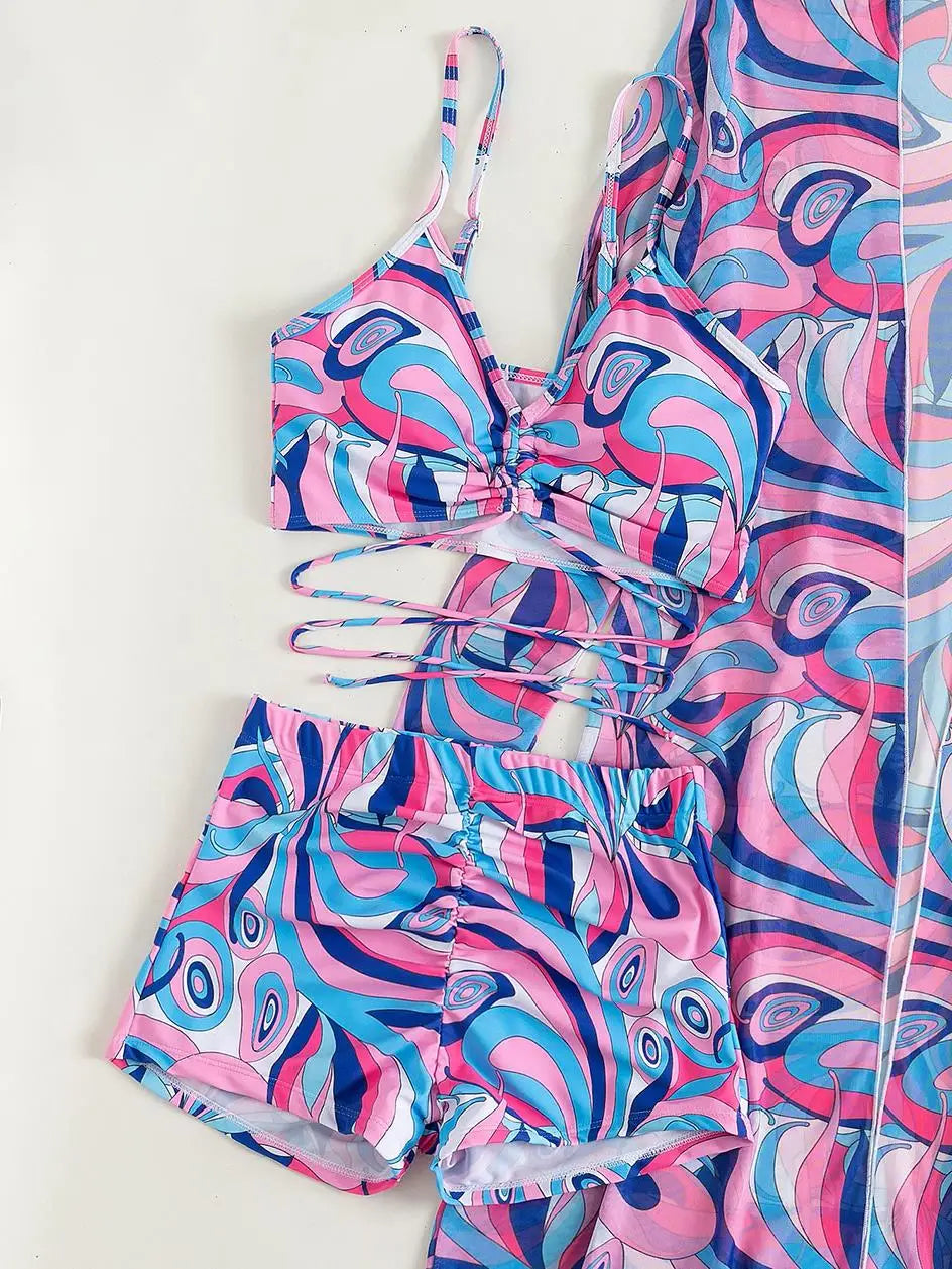 3 Pieces Sexy Print Bikini 2026 Women High Waist Swimsuit & Kimono Swimwear Female Lady Bathing Suit Swimming Summer Beachwear