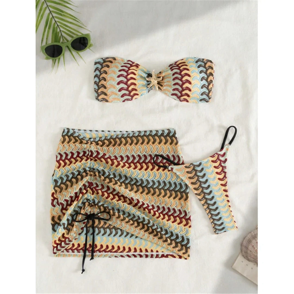 S - XL New Waves Printed With Skirt Bikini Women Swimwear Female Swimsuit Three-Pieces Bikini Set Bather Bathing Suit Swim V7929
