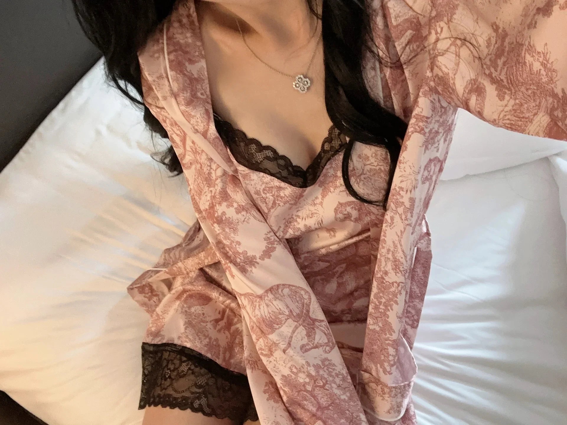Ice Silk Sexy Pajamas Women's Spring and Autumn Suspender Lace Nightgown Robe High-end Home Clothes