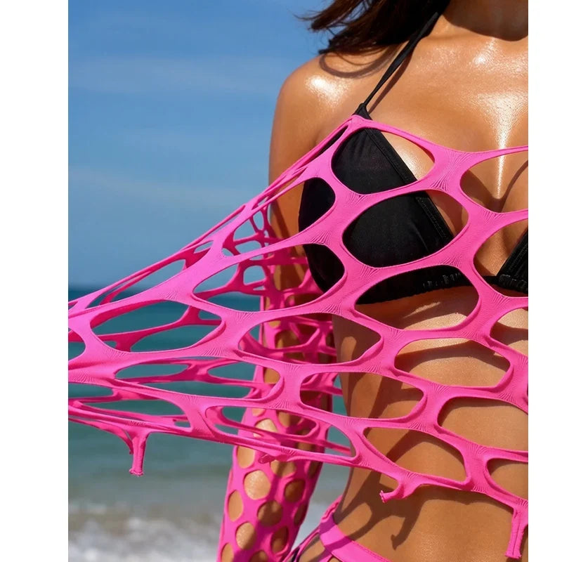 1 Set Women Long Sleeve See-Through Fishnet Cover Up Hollow Out Tassel Bodycon Beachwear Dress