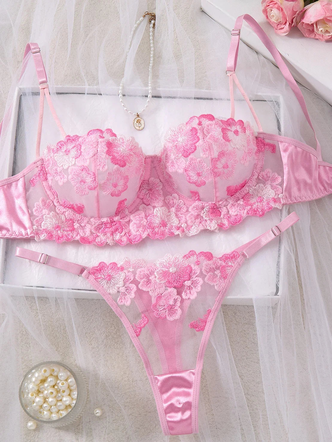 Pink Cherry Blossom Embroidered Lace Underwear Set - Sexy See-through Mesh Semi-cup Shaping Bra Thong Panties ZA825121