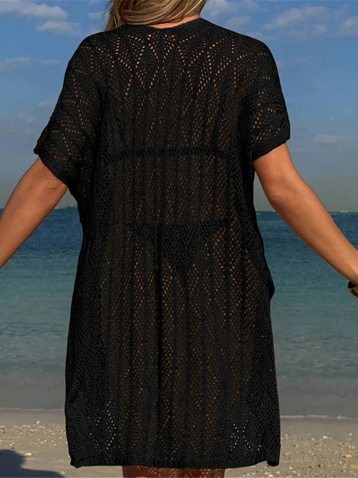 Sexy Short Sleeve Hollow Out Crochet Knitted Tunic Beach Cover Up Cover-ups Beach Dress Beach Wear Beachwear Female Women K6686