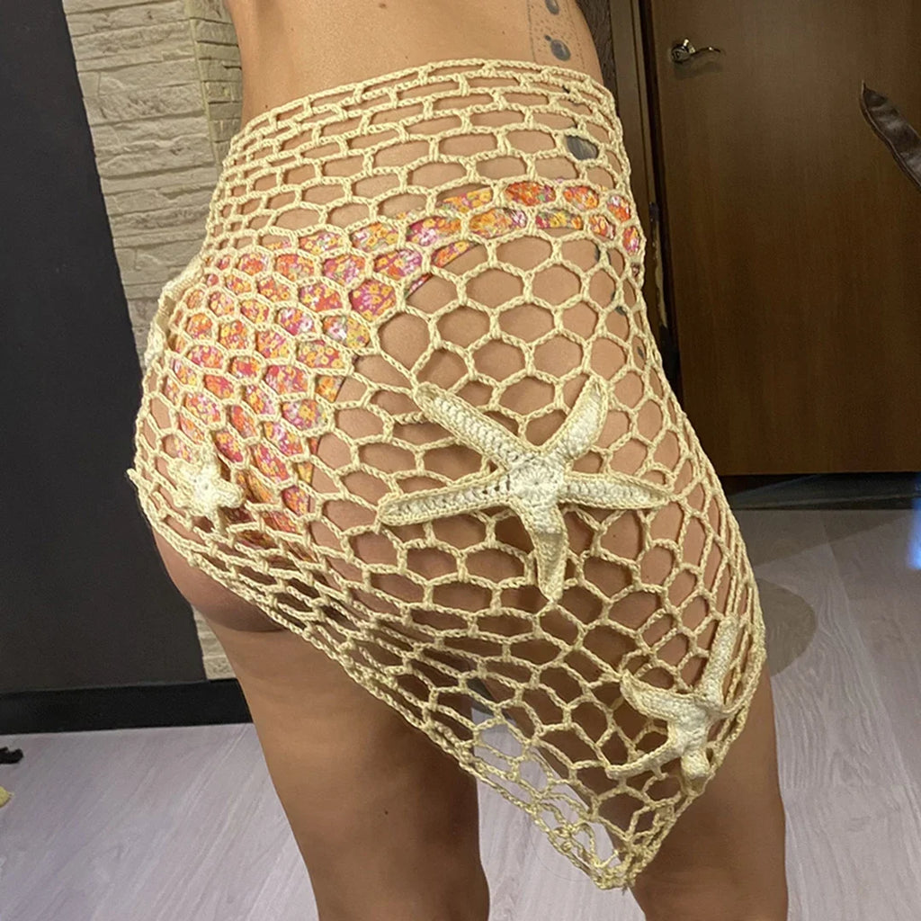 New 3D Star Hollow Out Crochet Knitted Sarong Pareo Beach Dress Beach Wear Beachwear Beach Cover Up Cover-upsFemale Women V7309