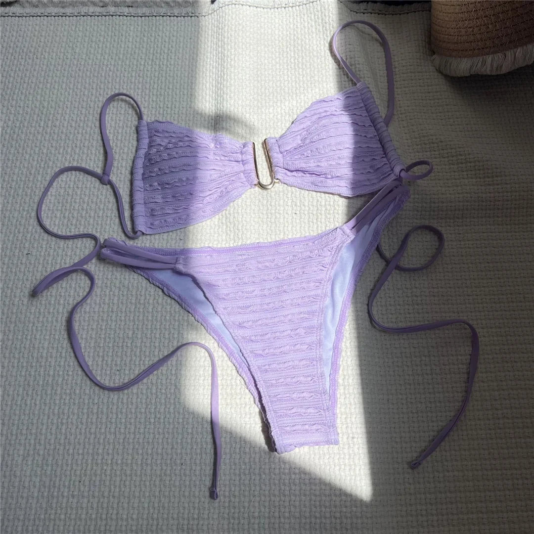 U Neck Wrinkled Crinkled Bikini Women Swimwear Female Swimsuit Two-Pieces Bikini Set High Cut Bather Bathing Suit Swim V5708B