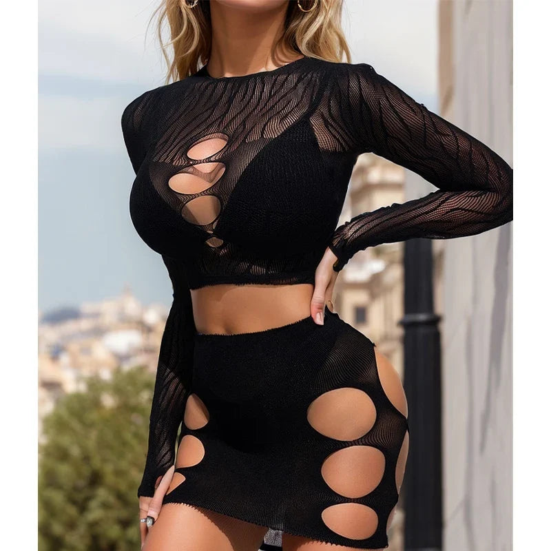 Long Sleeve See Through Tassel Beach Dress Women Sexy hollow Out Fishnet Fringe Cover Up Bodycon Rave Festival Outfit Set