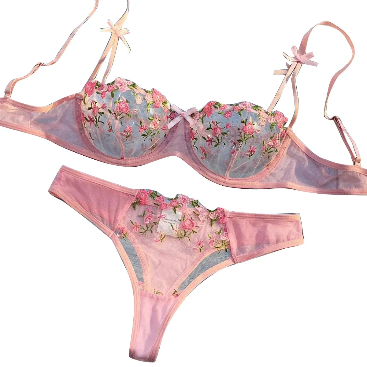 New Pink Transparent Bra Women Sheer Temptation Exotic Sexy Lingerie Set Ladies Embroidery Floral Bras Erotic Underwear Sets