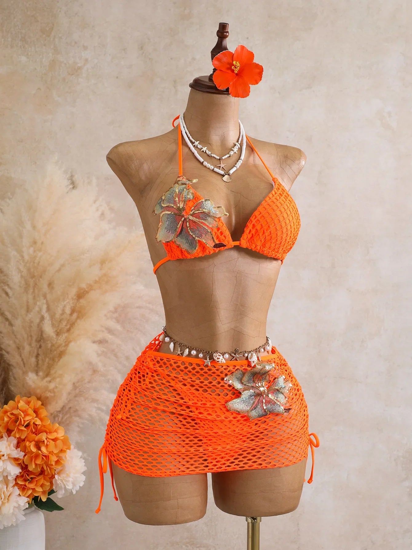 Sexy Black 3D Flower Holiday Bikini Set 2026 Women Drawstring Side Knitted Cover Up 3 Piece Swimsuit Beach Bathing Suit Swimwear