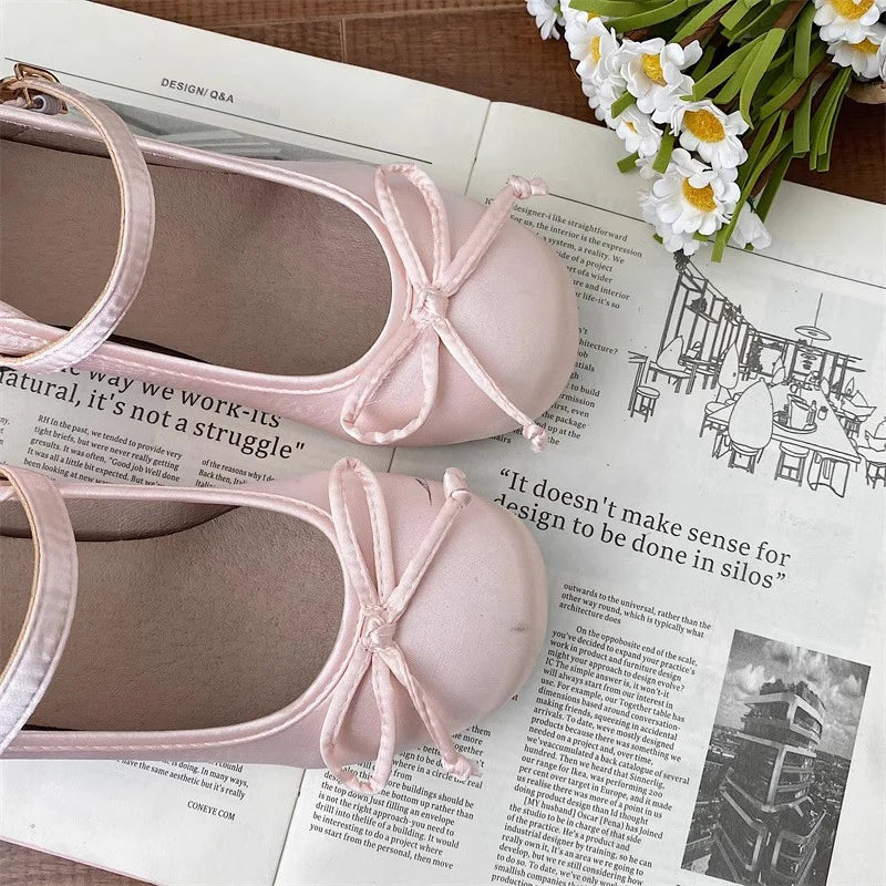 2025 spring cute sweet Bowknot Mary Janes for Women  vintage Silk Med Heels  pumps Ladies  Banquet Wedding Single Shoes Mujer
