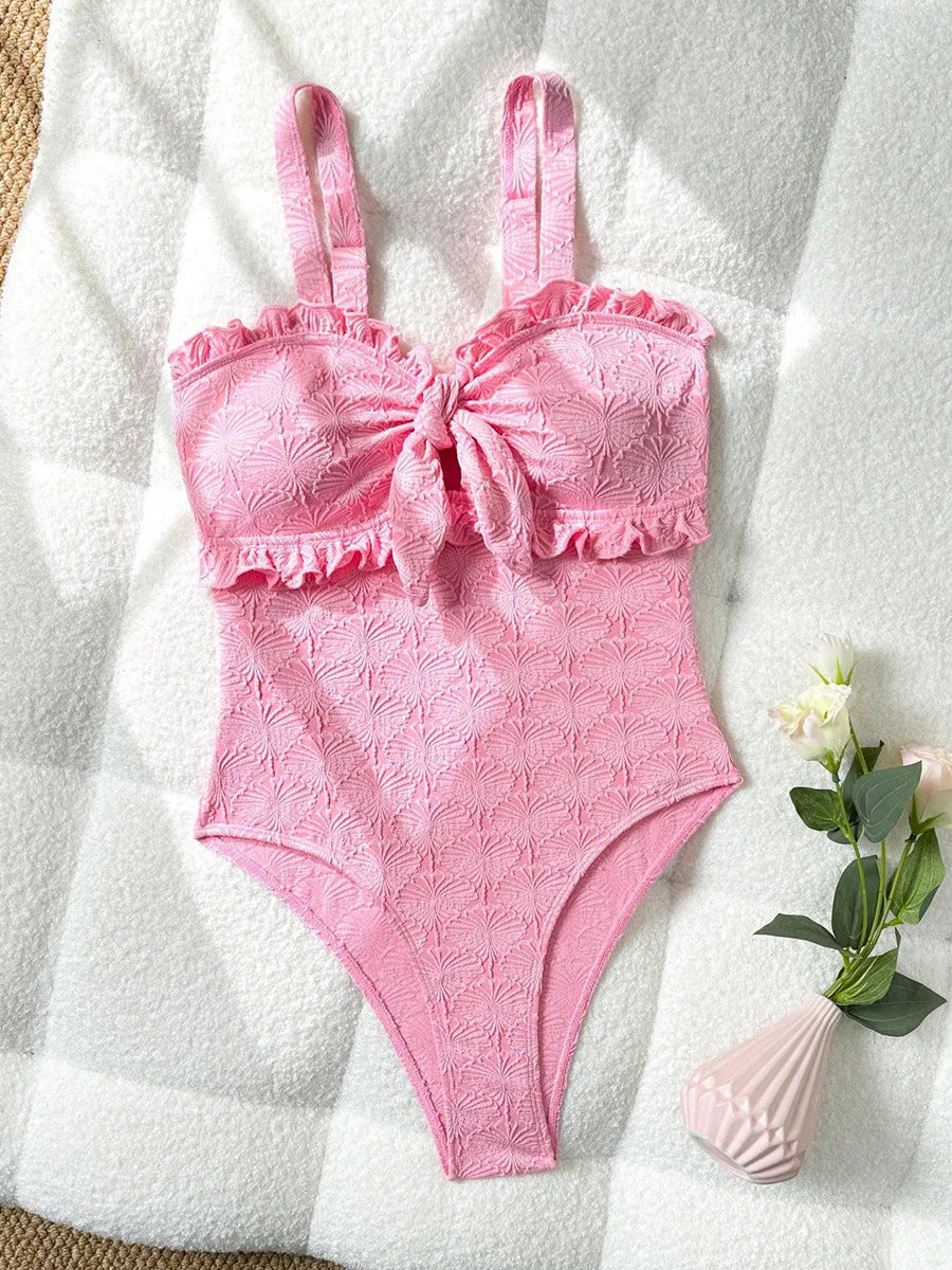 S - XL Floral Printed Strapless Ruffled Frilled One Piece Swimsuit Women Swimwear Female Monokini Knotted Bathing Suit Swim Lady