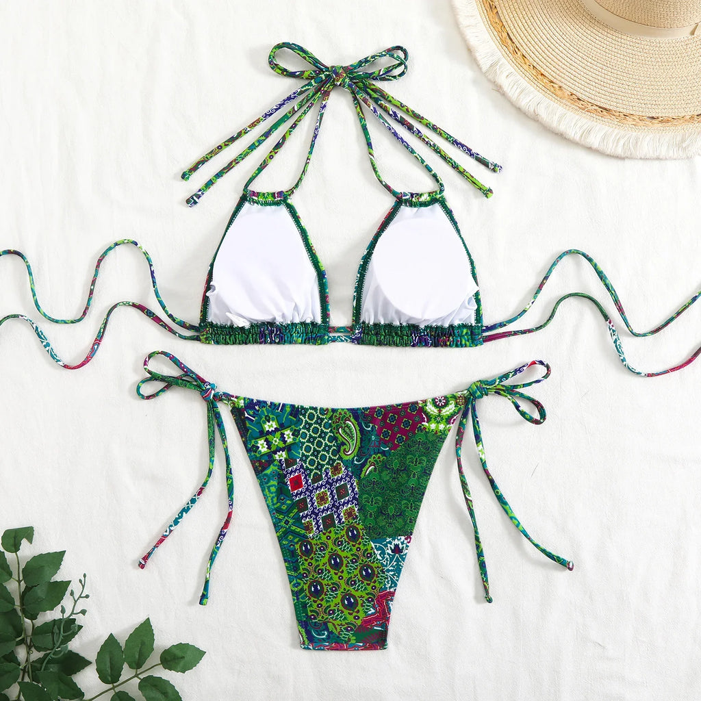 2026 String Triangle Printed Bikini Women Sexy Swimwear Female Halter Swimsuit Solid Bathers Bathing Swimming Swim Suit Beach