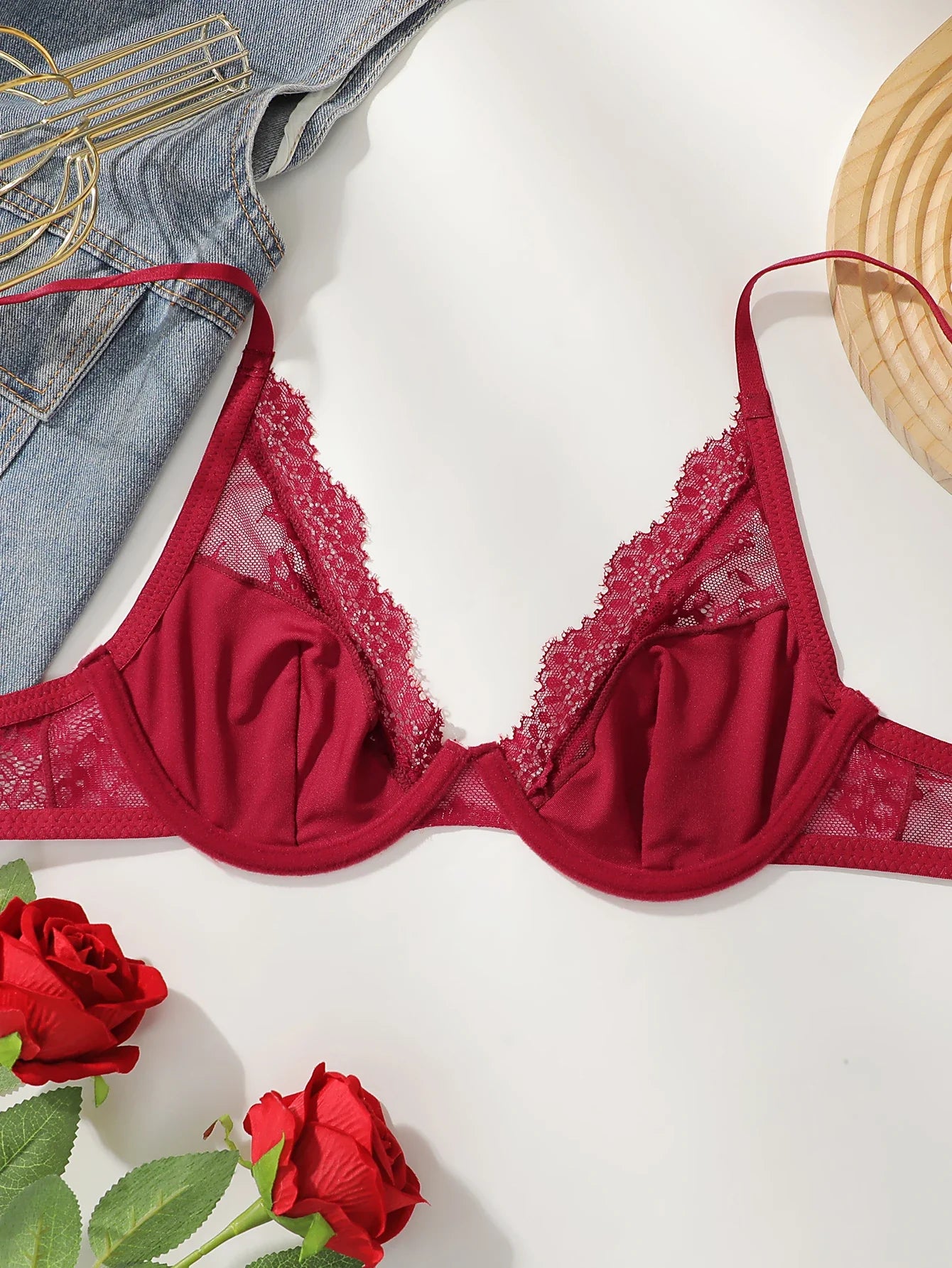 Red High-Quality Lace Bra Sexy Steel Ring Lifted Semi-Transparent Women's Underwear Lingerie for Enhanced Femininity