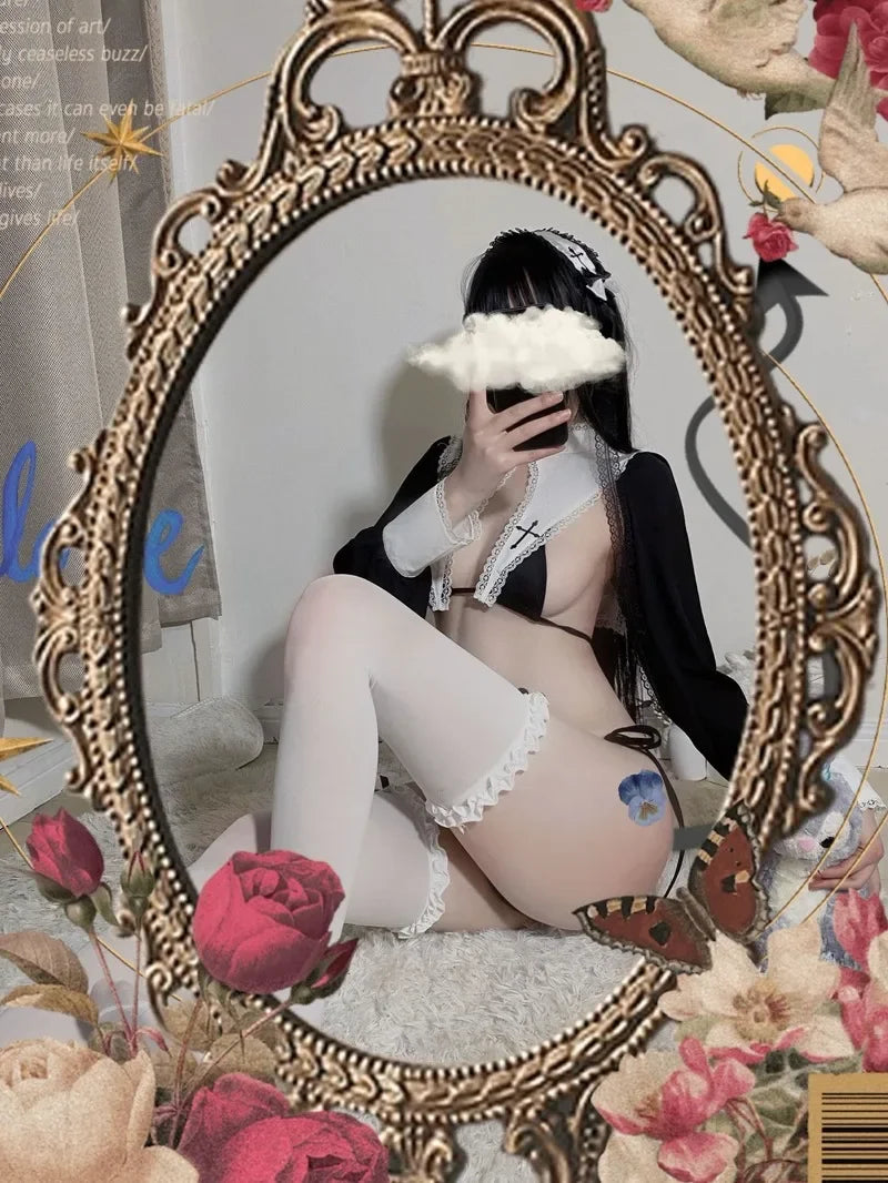 Porn Women Witch Nun Cosplay Maid Uniform Costumes Sexy Lingerie for Sex Temptation Bra Panties Long Sleeve Ultra Short