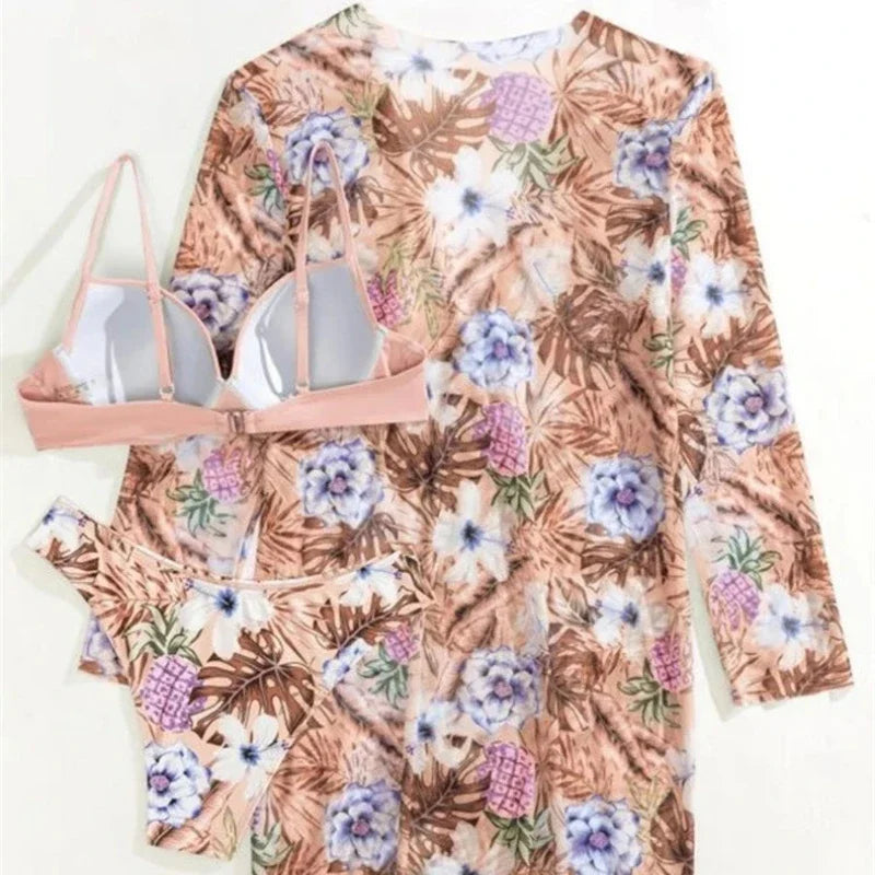 Boho Style Women's 3 Pieces Swimsuit Floral Bikini Set+Long Sleeve Cover-Up Swimwear Sexy Low Waist Tankinis Beachwear Holiday
