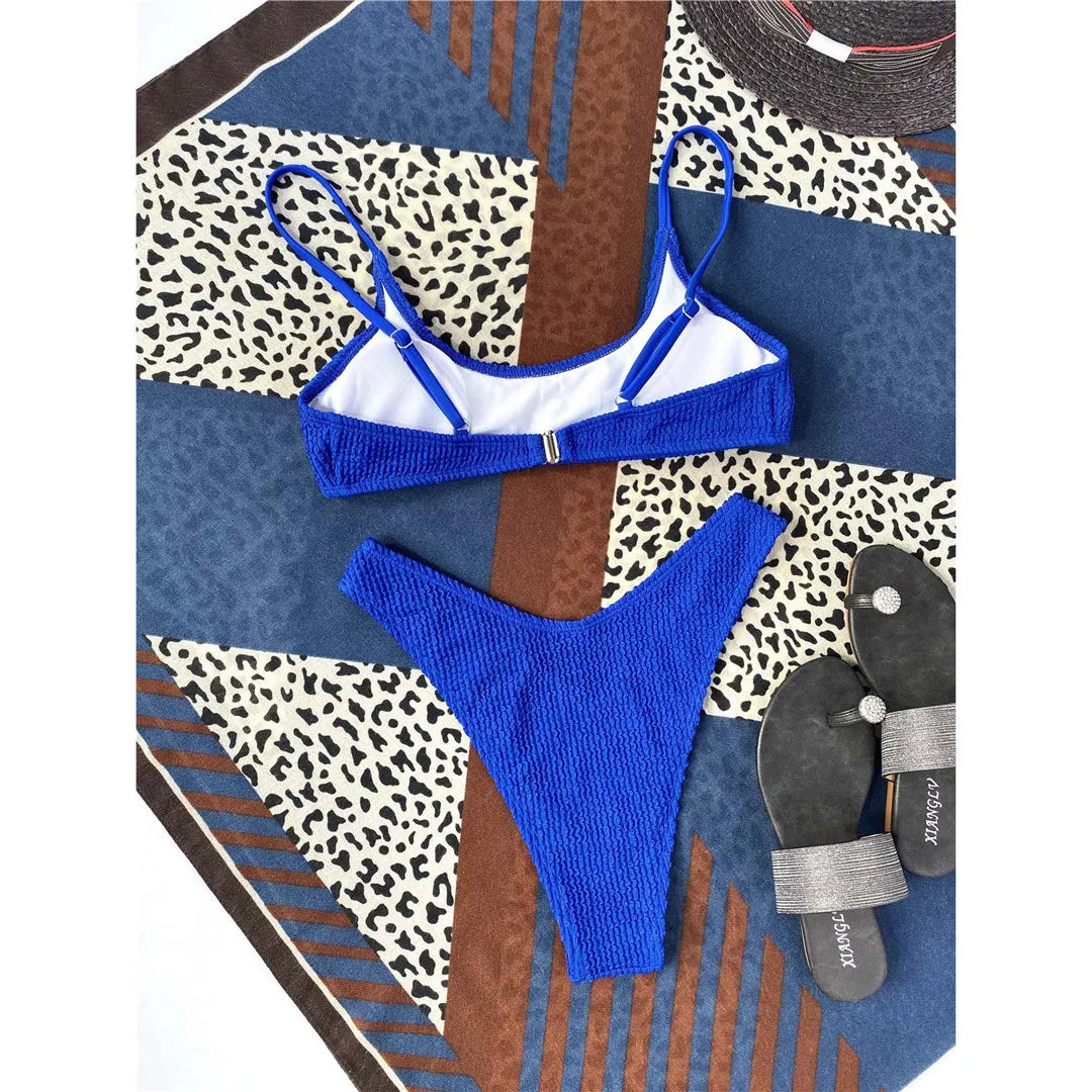 New Sexy Wrinkled Crinkled Bikini Female Swimsuit Women Swimwear Two-Pieces Bikini Set Mid Waist Bather Bathing Suit Swim V3032P