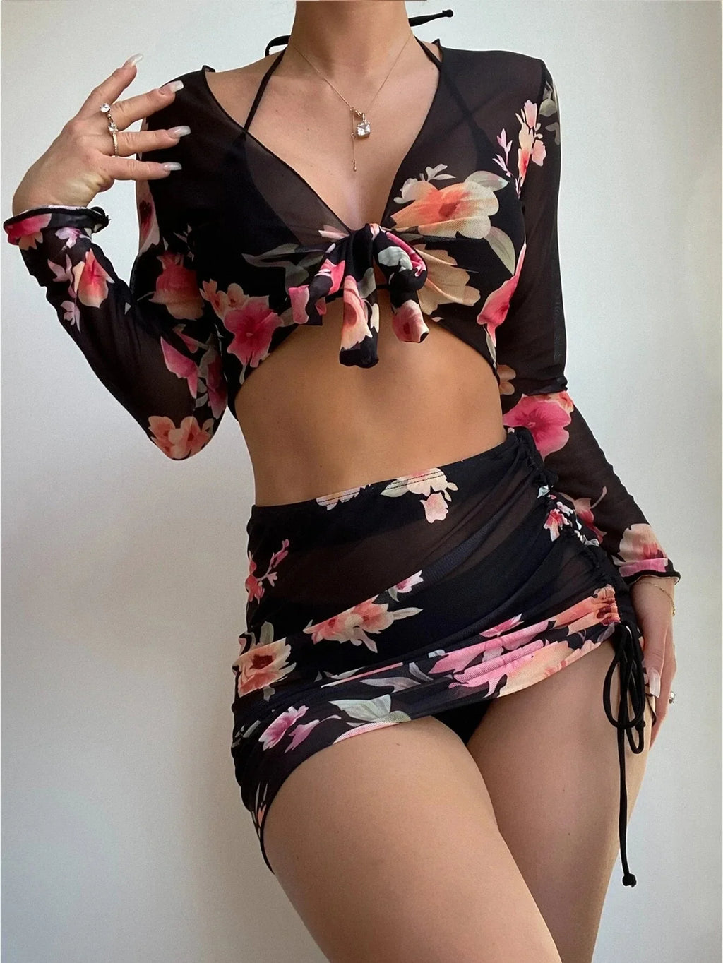 2026 Summer Women's 4 Pieces Suit Swimwear Neck Lace-up Bikini Set+crop Top+skirts Floral Print Gauze Swimsuit Beachwear Biquini