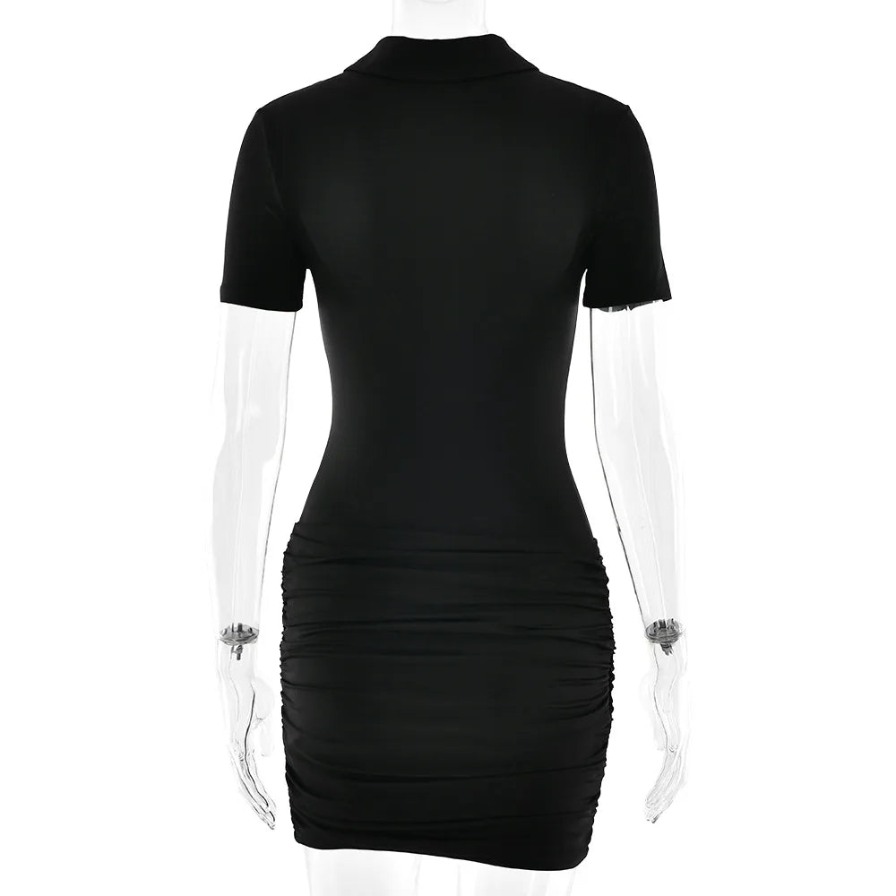 FDYOUI Women's Polo Collar Zip-up Jumpsuit Dress Chic Short Sleeve Folds Solid Bodysuits One Piece Yoga Fitness Sporty Playsuits