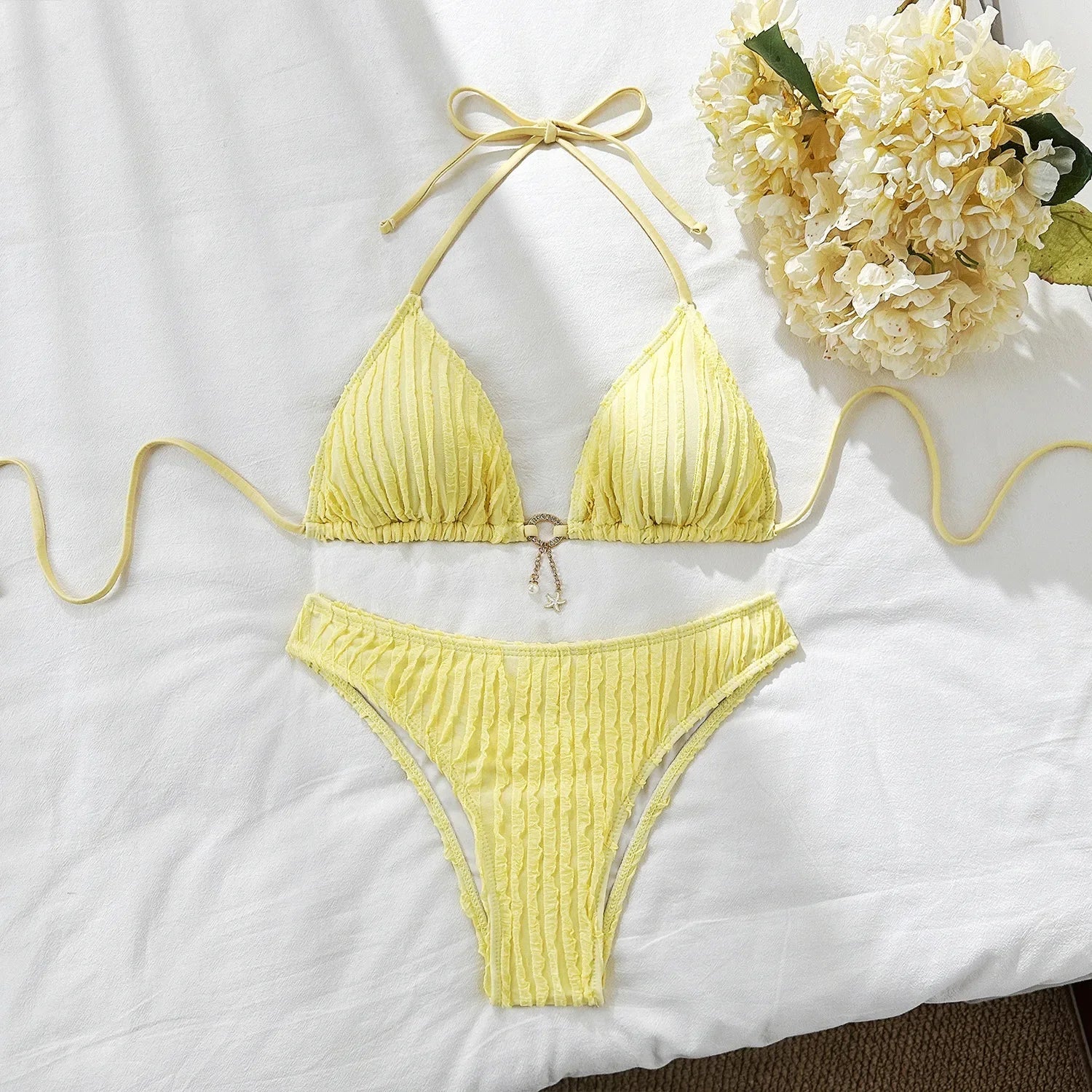 Wrinkled Halter Bikini Women Swimwear Female Swimsuit Two-pieces Bikini Set Brazilian Bather High Cut Bathing Suit Swim Lady