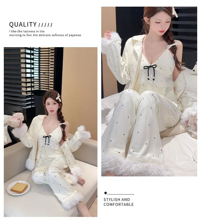 Fashionable Home Pajamas Three-piece Set Island Velvet Pajamas Spring and Autumn Suspenders Sexy Homewear Casual Suit