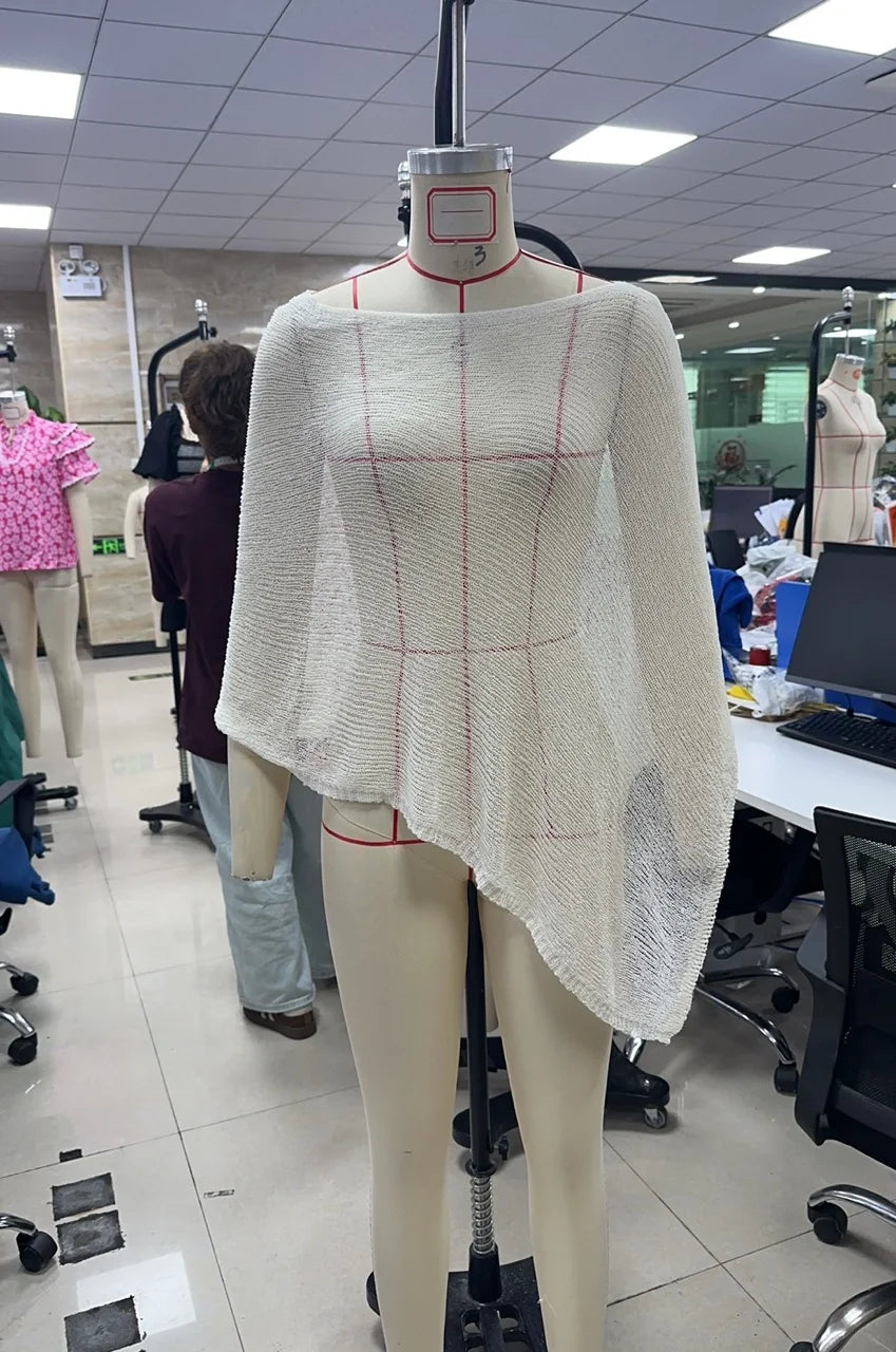 Combhasaki Women Knitwear Bikini Cover-up See-through Solid Off Shoulder Irregular Triangle Hem Loose Pullover Summer Beach Tops