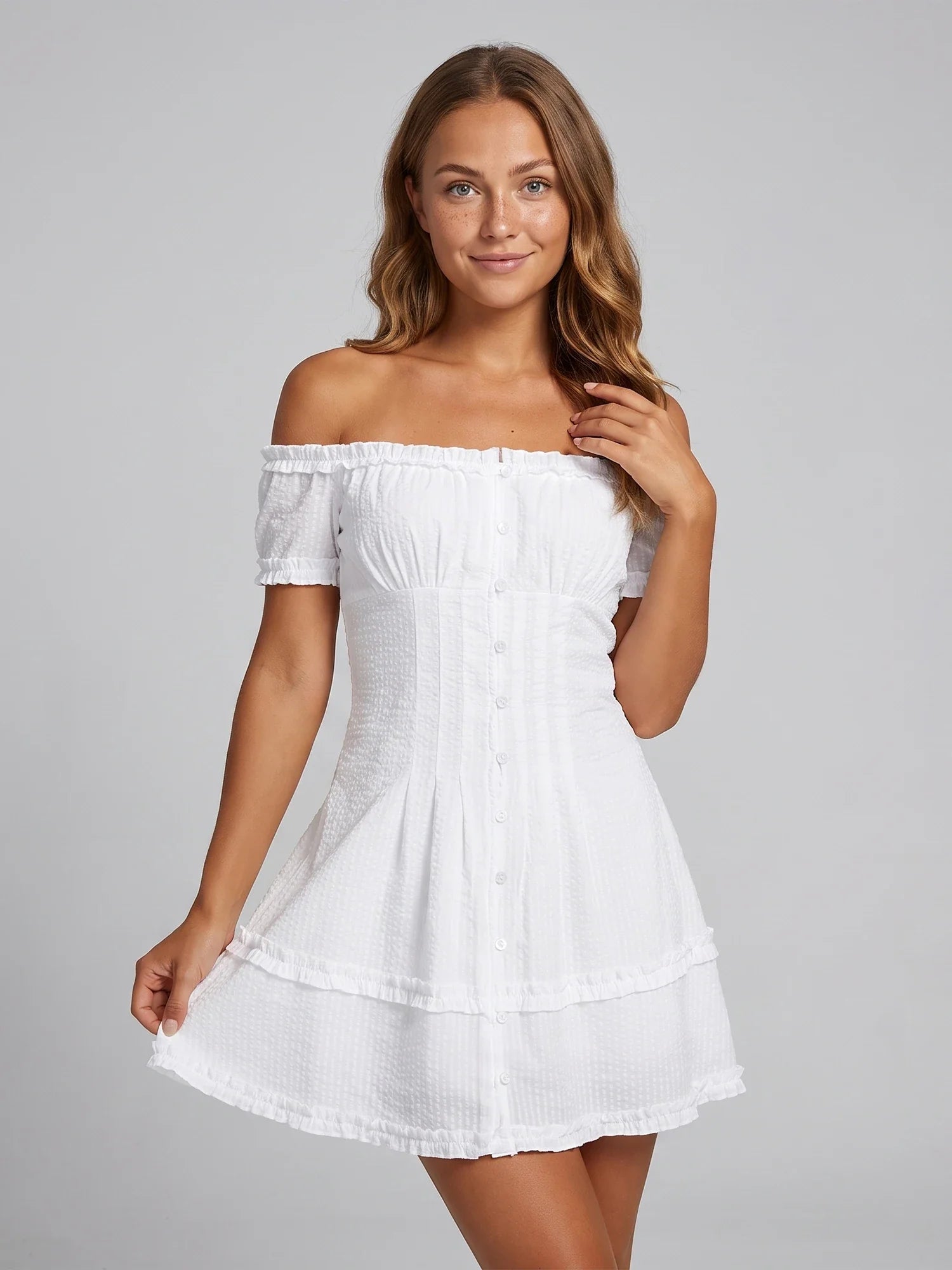 Women Summer White Dress Trim Off Shoulder Short Sleeve Button-up A-line Mini Dresses for Daily Office Party