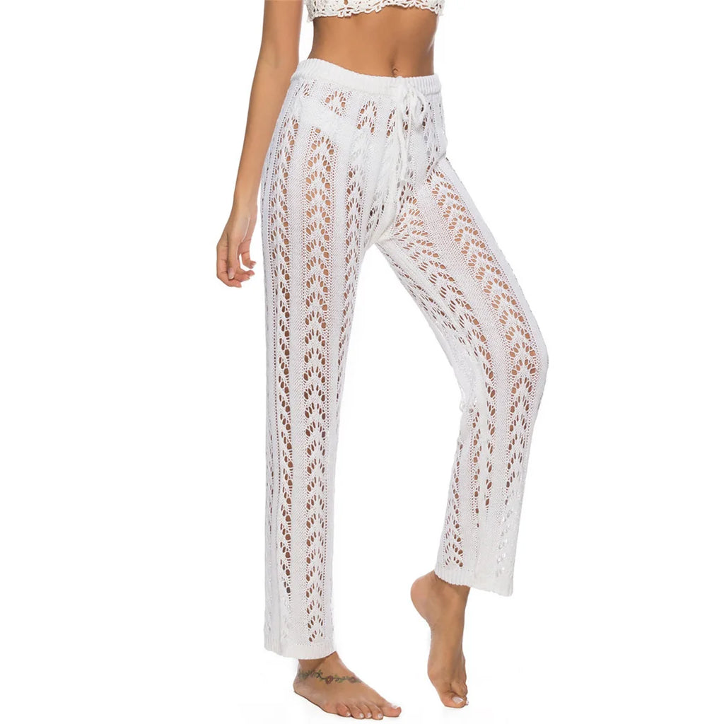 S - XL Women Crochet Knitted Beach Pants Hollow Out Elastic Straight Casual Trouser Holiday Beach Wide Leg Bikini Cover Up V2651