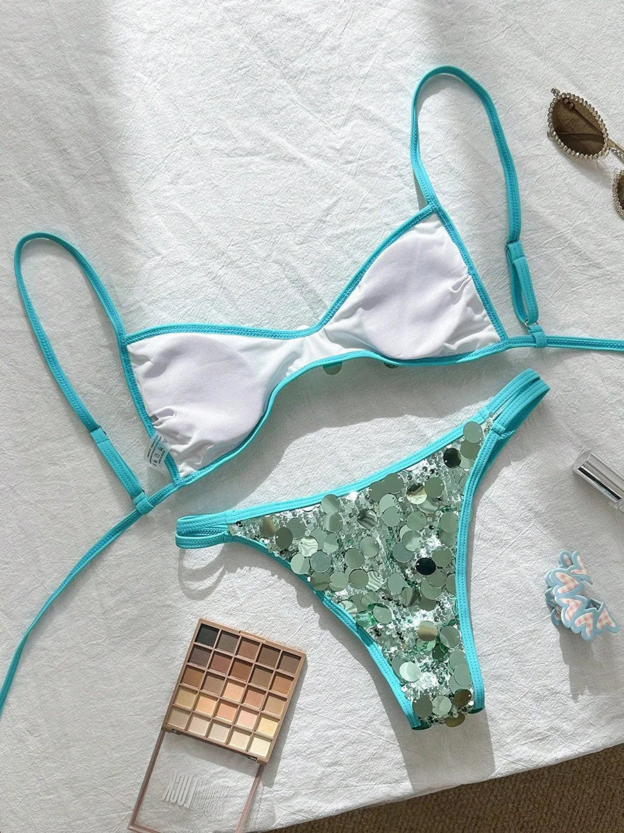 XS - L Glitter Sparkling Squins Bikini Female Swimsuit Women Swimwear Two-pieces Bikini Set Halter High Cut Bathing Suit Swim
