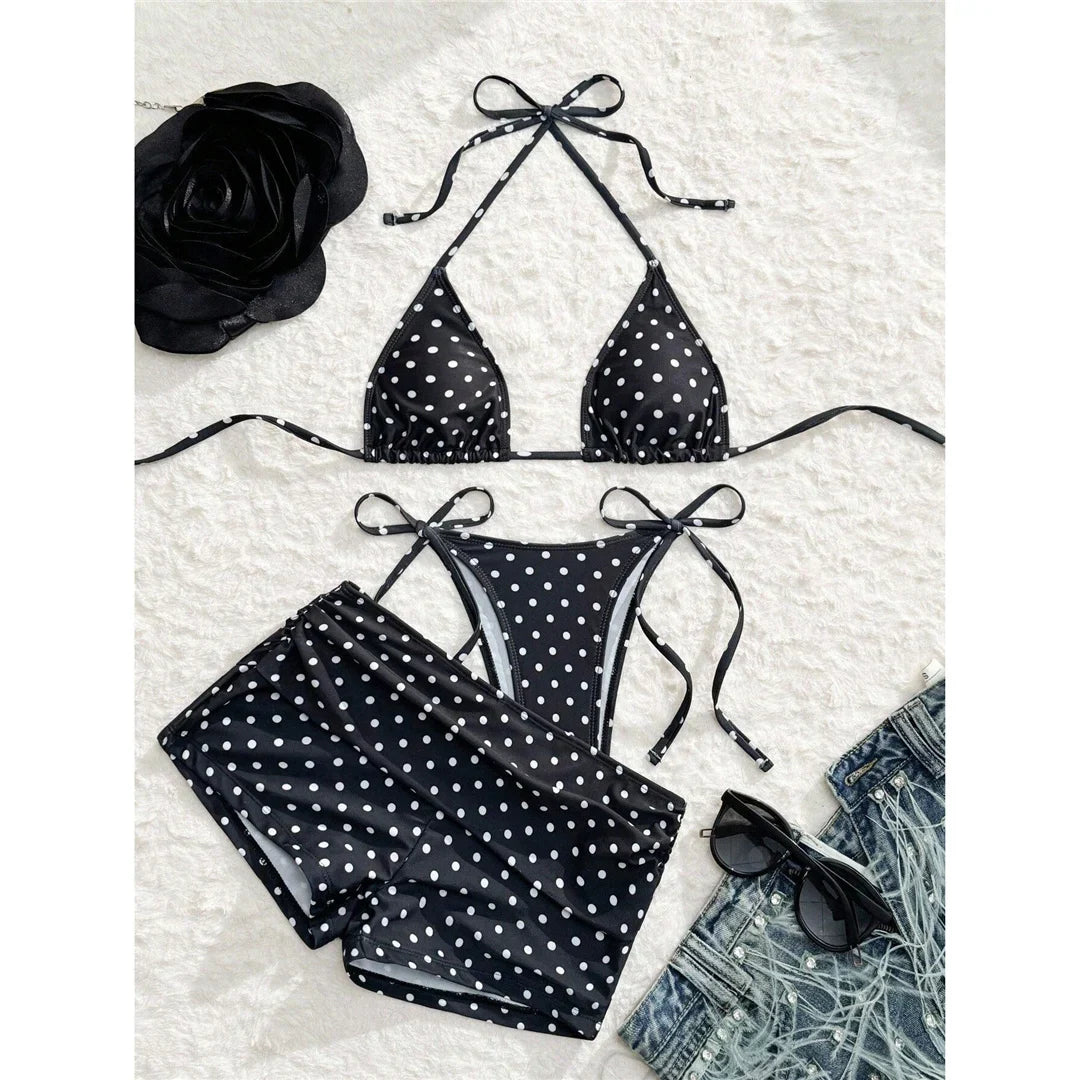 S - XL With Shorts Polka Dot Halter Bikini Female Swimsuit Women Swimwear Three-pieces Bikini Set Bather Bathing Suit Swim V8292