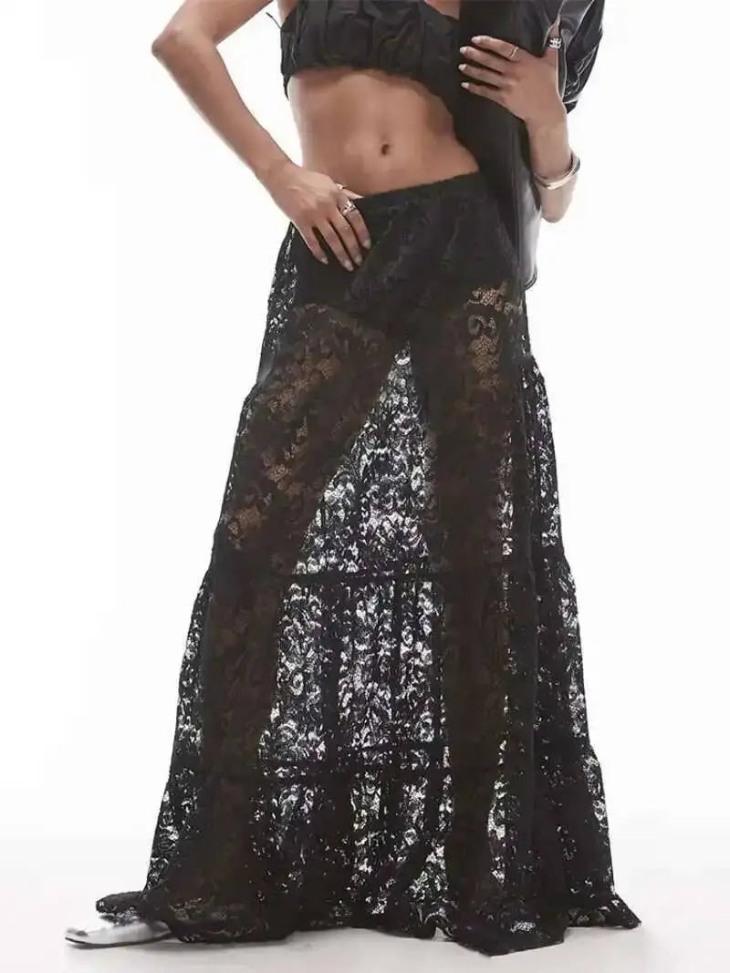 Mesh Sheer Lace Skirts Women High Waist Street Fashion Loose Hollow Out Long Skirt Party Sexy Patchwork Clubwear 2026 50JZ