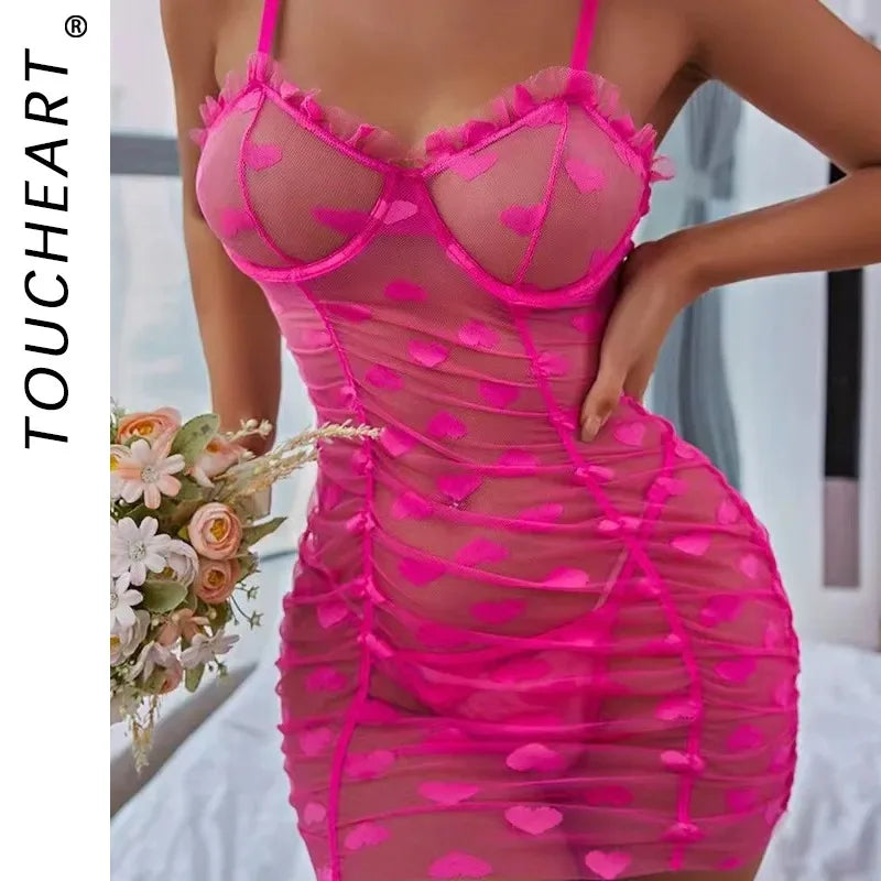 Toucheart Heart Mesh Frill Trim Underwire Sexy Lingerie Dress Thong For Women Lace Mesh Patchwork Halter Sexy Lingerie Dress New