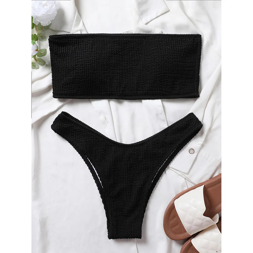 Bandeau Wrinkled Crinkled Bikini Female Swimsuit Women Swimwear Two-pieces Bikini set High Cut Bather Bathing Suit Swim V3314