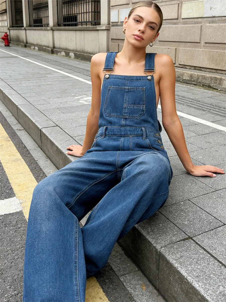Women Denim Long Jumpsuits Casual Wide Leg Suspender Pants Romper Summer Baggy Bib Overalls