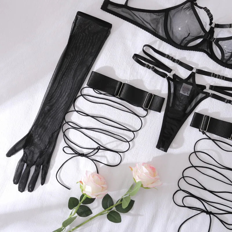 Toucheart Sexy Mesh Lingerie Split Kit with Gloves Steel Ring Laceup Patchwork Skinny See-through Hollow Interesting Private Set