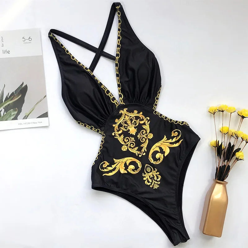 Print High Cut One Piece Swimsuit Women Swimwear Female Cross Backless Monokini Bather Bodysuit Slim Bathing Suit Swim Beachwear