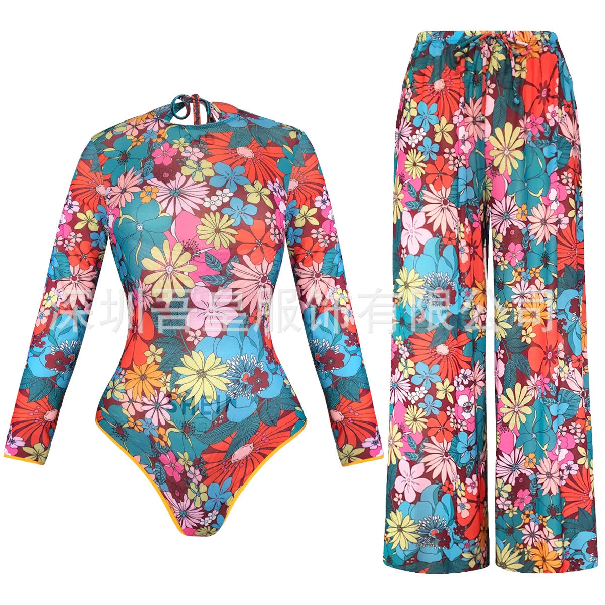 2026 Rash Guard Surfing Suit Plus Size Printed One-Piece Swimsuit Women Sun Protection Swimwear Bodysuit Beachwear with Pants