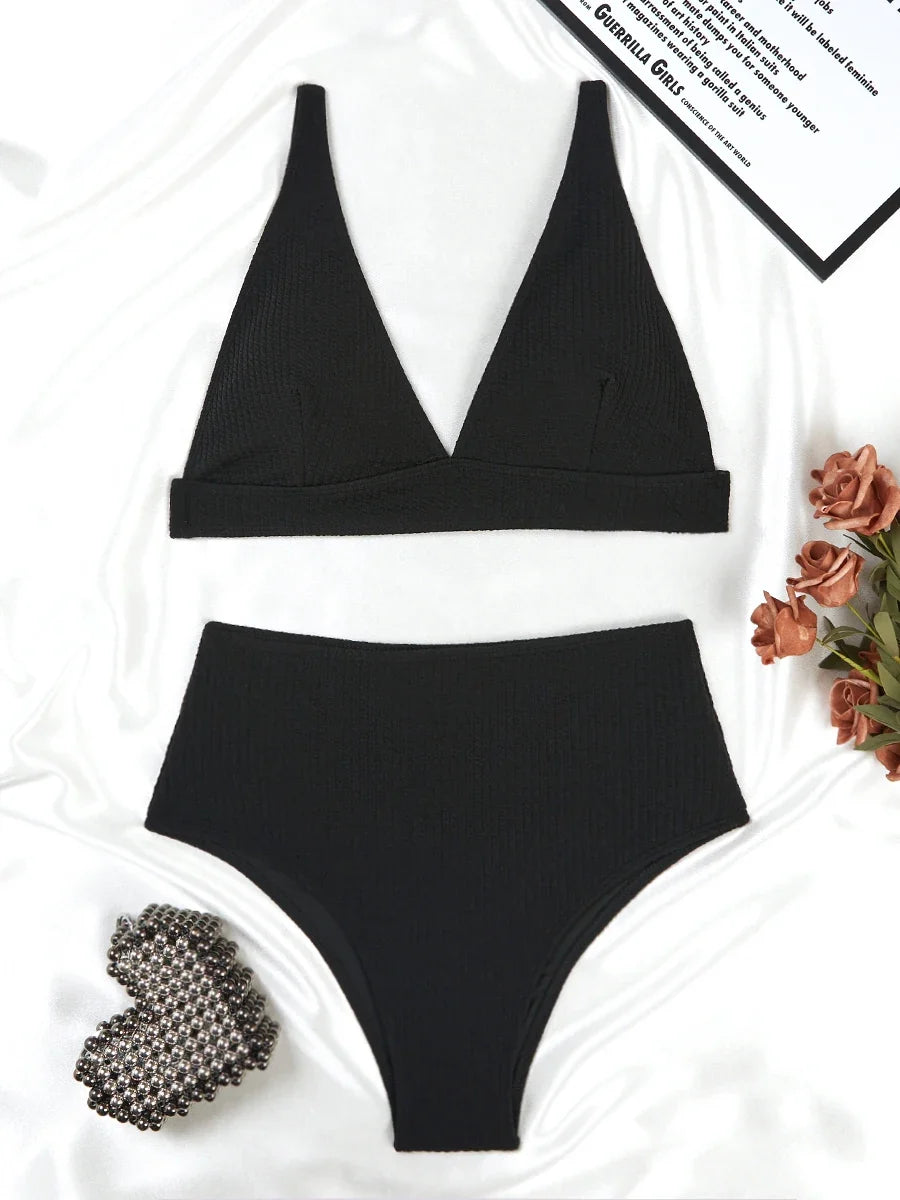 2026 Triangle High Waist Bikini Solid Strappy Swimwear Female Sexy Swimsuit Women Bathers Bathing Swimming Swim Suit Beachwear