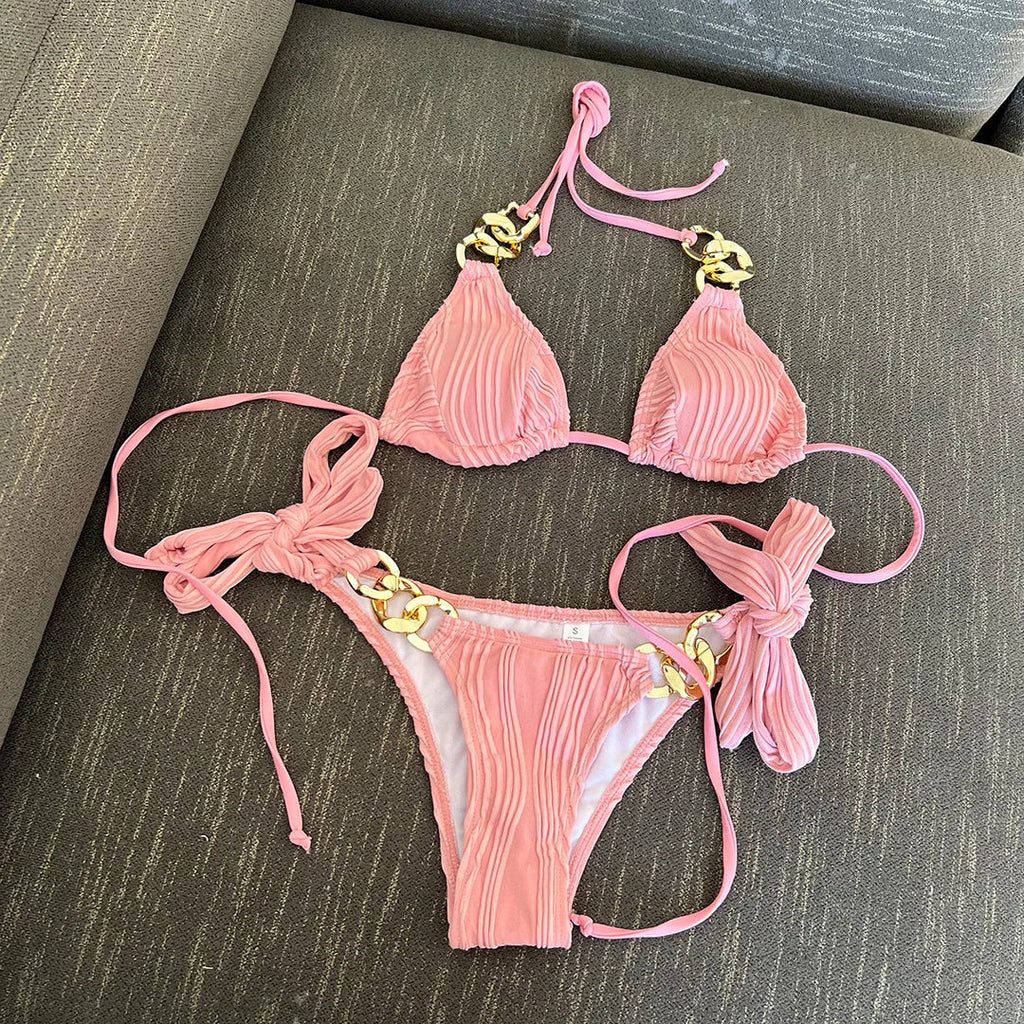 Halter Metal Rings Bikinis Wrinkled Bikini Female Swimsuit Women Swimwear Two-pieces Bikini Set High Cut Bathing Suit Swim Lady