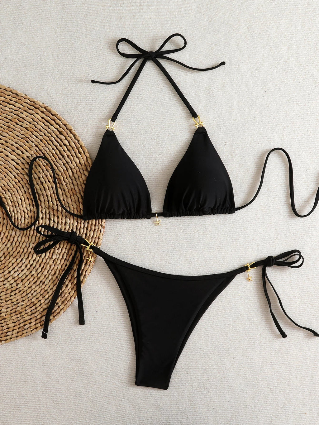 Halter Triangle String Bikinis 2026 Women Sexy Swimsuit Solid Stars Swimwear Female Bathers Bathing Swimming Swim Suit