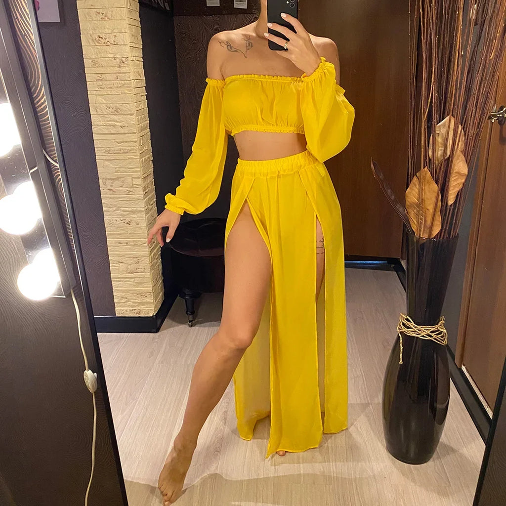2026 Leopard Off Shoulder Long Sleeve 2 Pieces Set Beach Cover Up Cover-ups Beach Dress Beach Wear Beachwear Female Women V3728