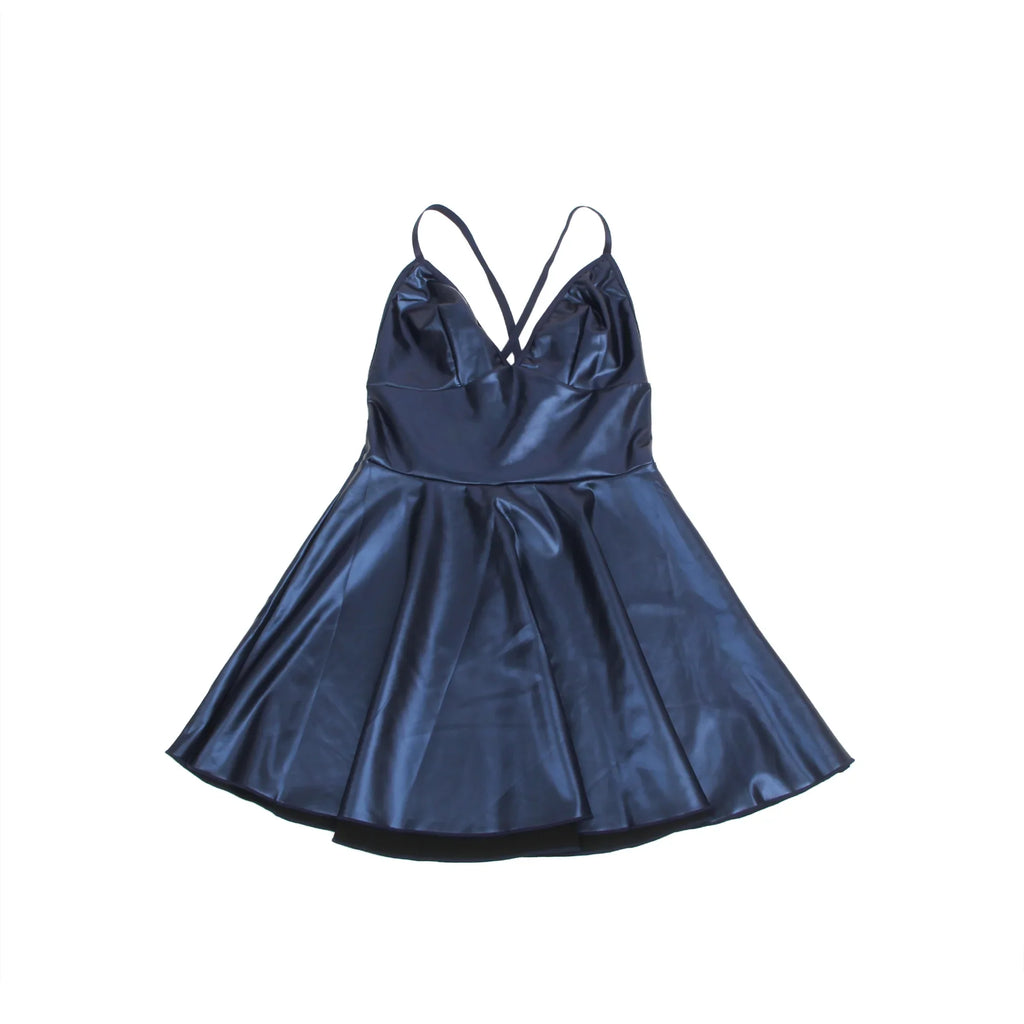 Women Black Nightclub Short Dresses Deep V-Neck Sleeveless Vestidos Faux Leather Suspenders Sexy Nightdress Plus Size Baby Doll