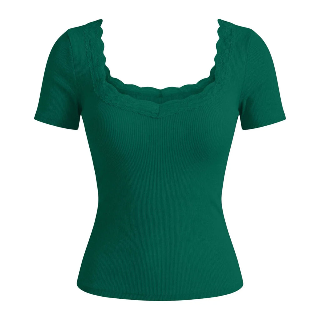 Y2k Lace Patchwork Crop T-Shirt Women Vintage Streetwear Sexy Slim U Neck Tops Female Harajuku Korean Chic Ribbed Bottoming Tees