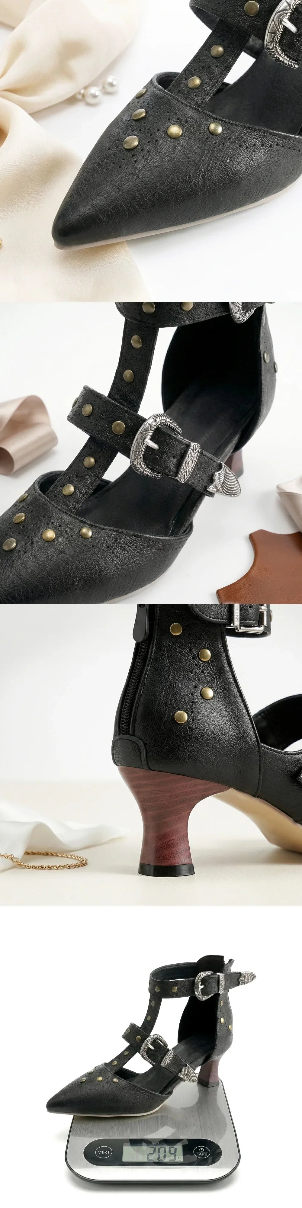 2026 Big Size 32-50 Vintage Gothic Punk Pointed Toe 6cm Kitten Heels with Western Cowboy Buckles & Studs Sandals Women Shoes
