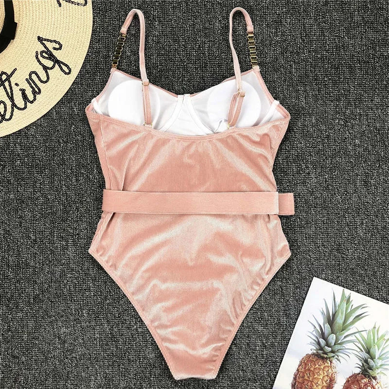 Ribbed Push up Underwired Metal Chain Women Swimwear One Piece Swimsuit Female Waist Belt Monokini Bather Bathing Suit Swim Lady