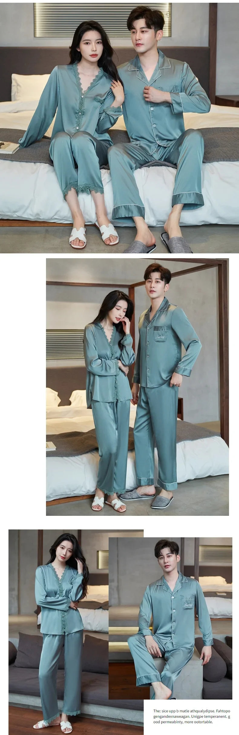 Spring and summer ice silk pajamas sexy lace long-sleeved cardigan home wear set