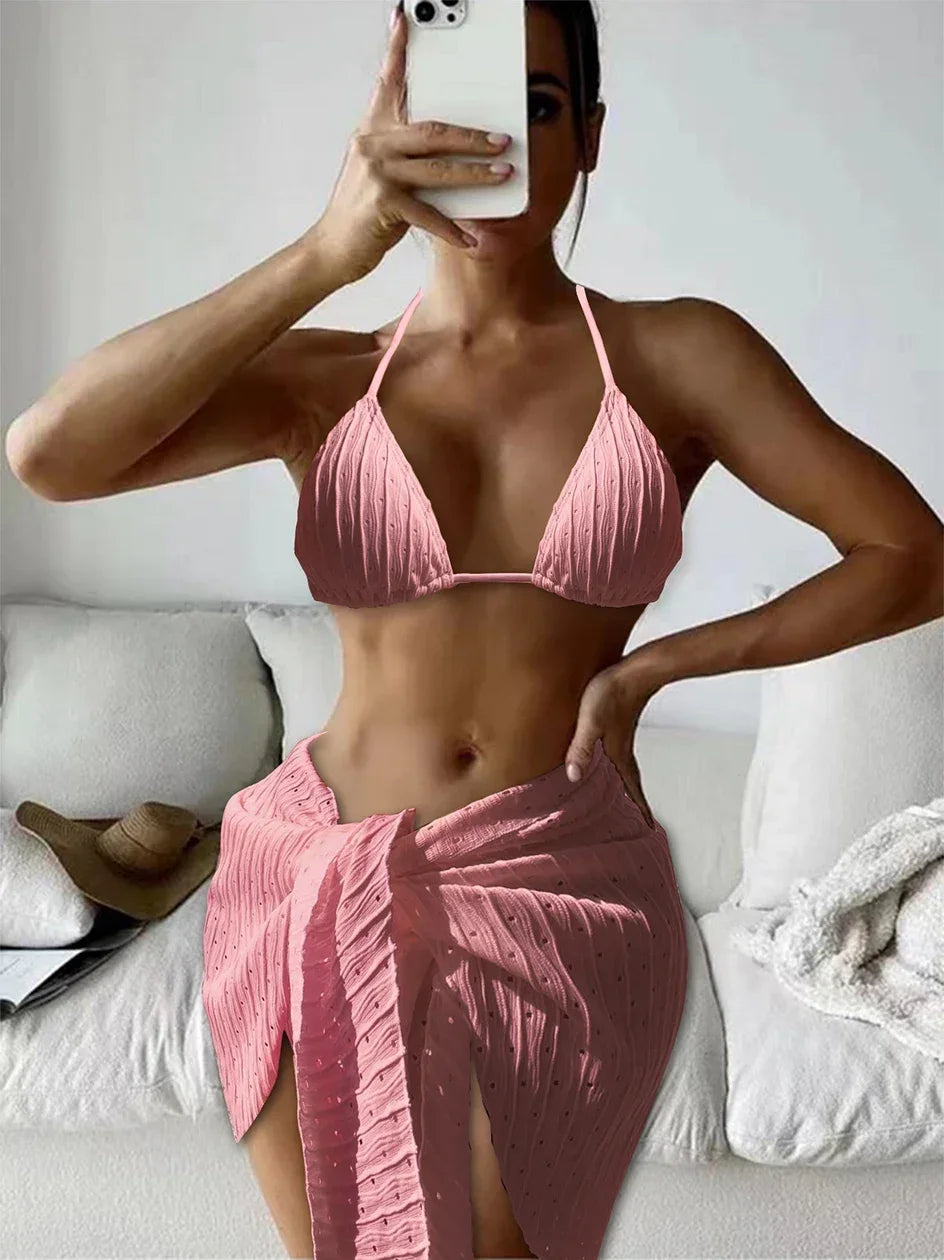 3pcs Sarong Beach Cover Up Skirt Wrinkled Bikini Women Swimwear Female Swimsuit Three-pieces Bikini Set Bathing Suit Swim Lady