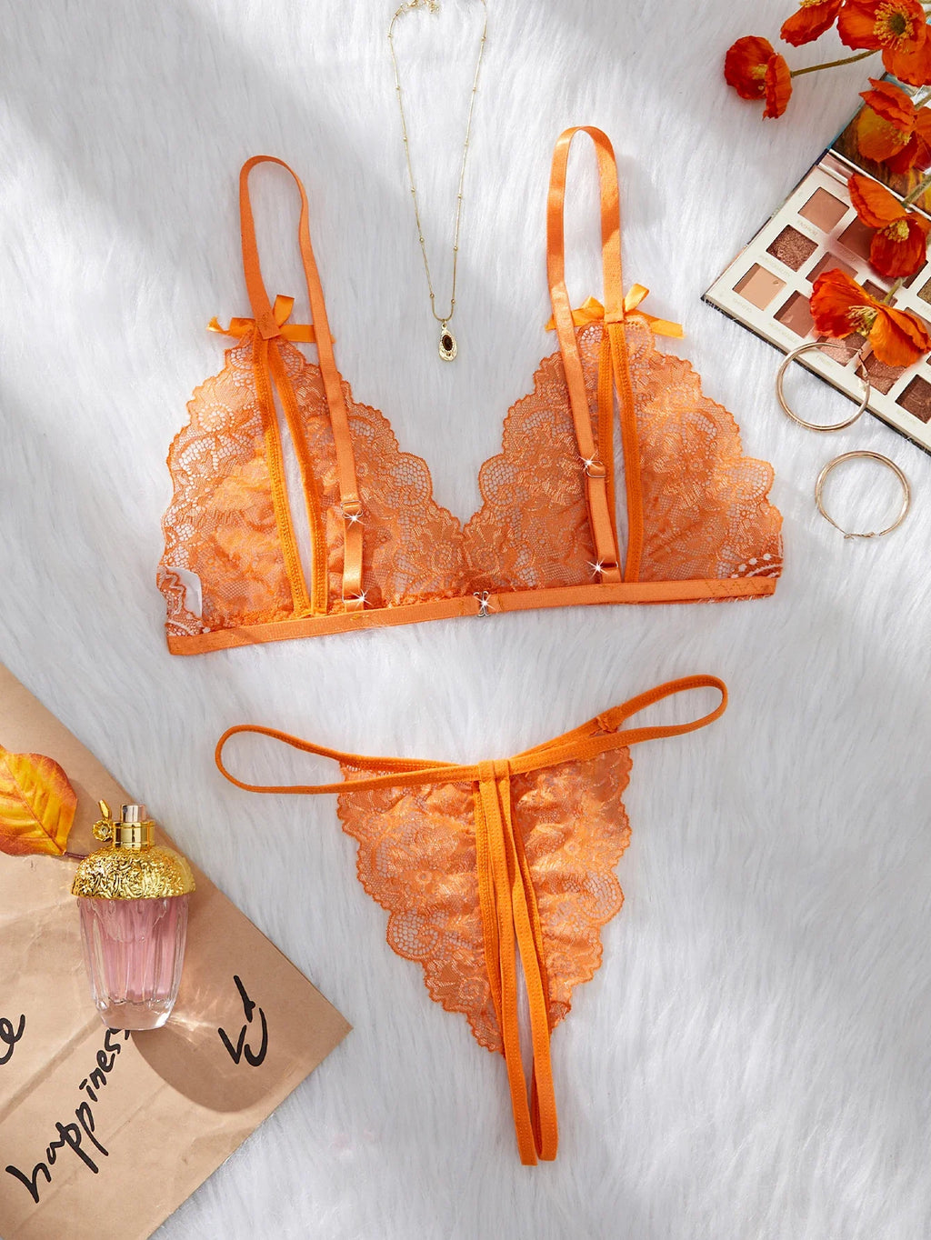 Orange Lace Contrast Set For Women Bra Thongs Sets Summer Female Underwear Matching Suit