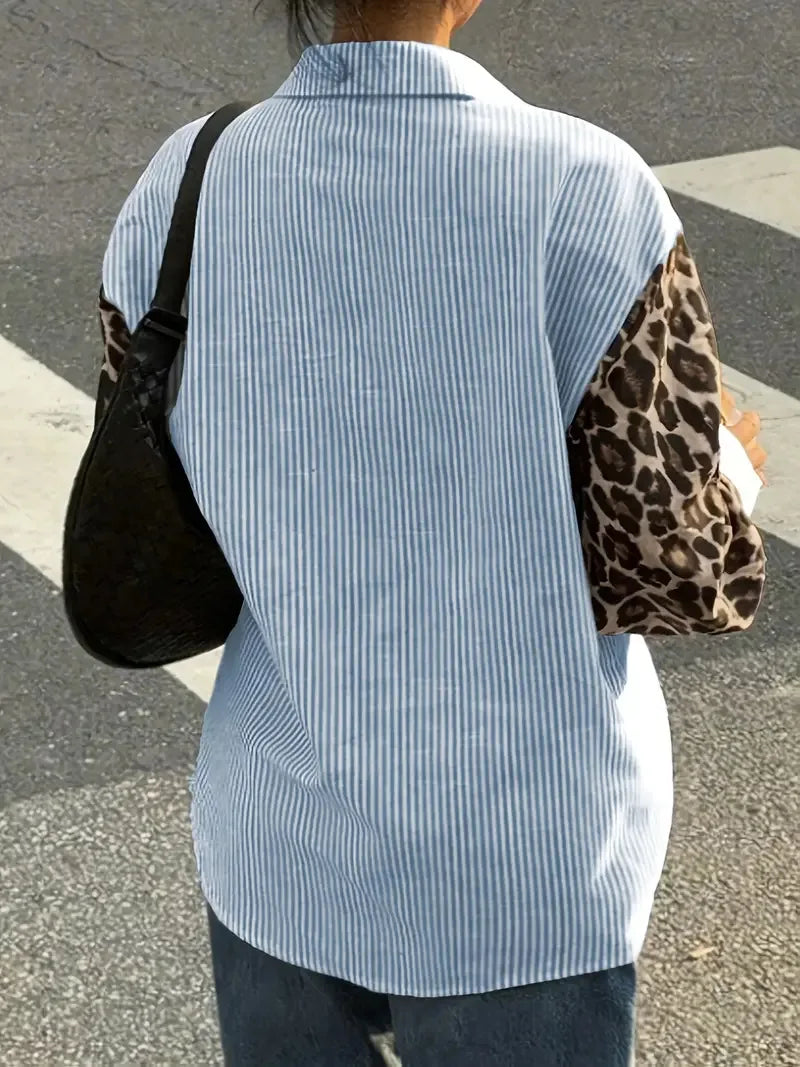 2026 New Women's Loose Casual Leopard Stripe Patchwork Long Sleeve Shirt with Pockets Turn Down Collar Blouse Top